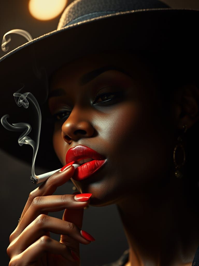 Mysterious Black Woman in Hat, Smoking Cigarette