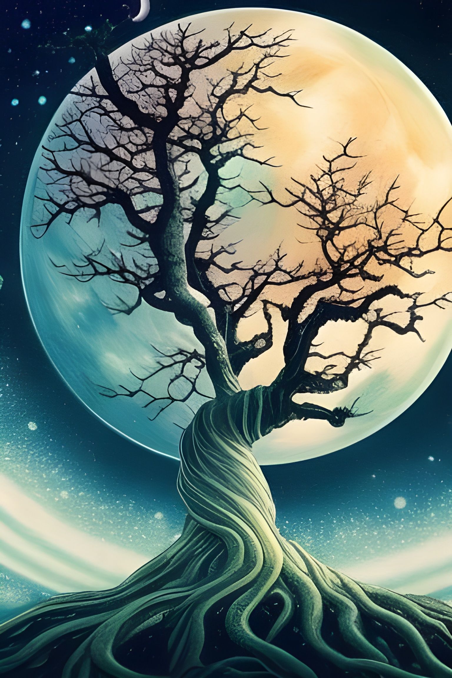 Surreal Night Tree Under Cosmic Moon as Matte Painting