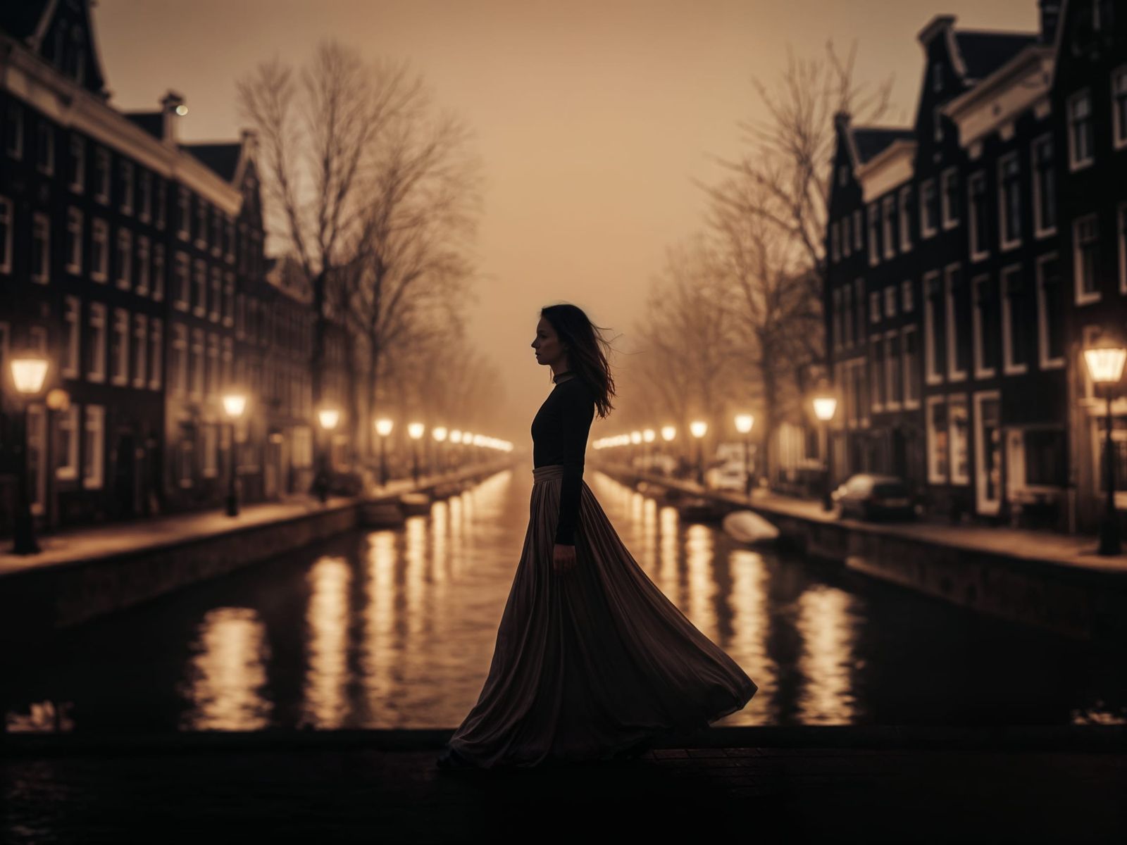 Ethereal Dutch Cityscape at Night with Woman's Silhouette