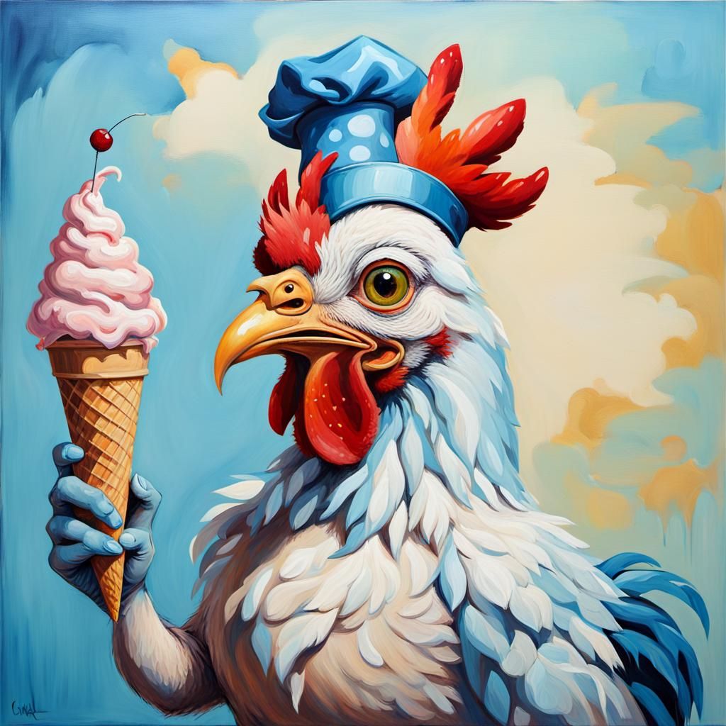 Whimsical Chicken with Ice Cream, Hyperrealistic Oil Paintin...