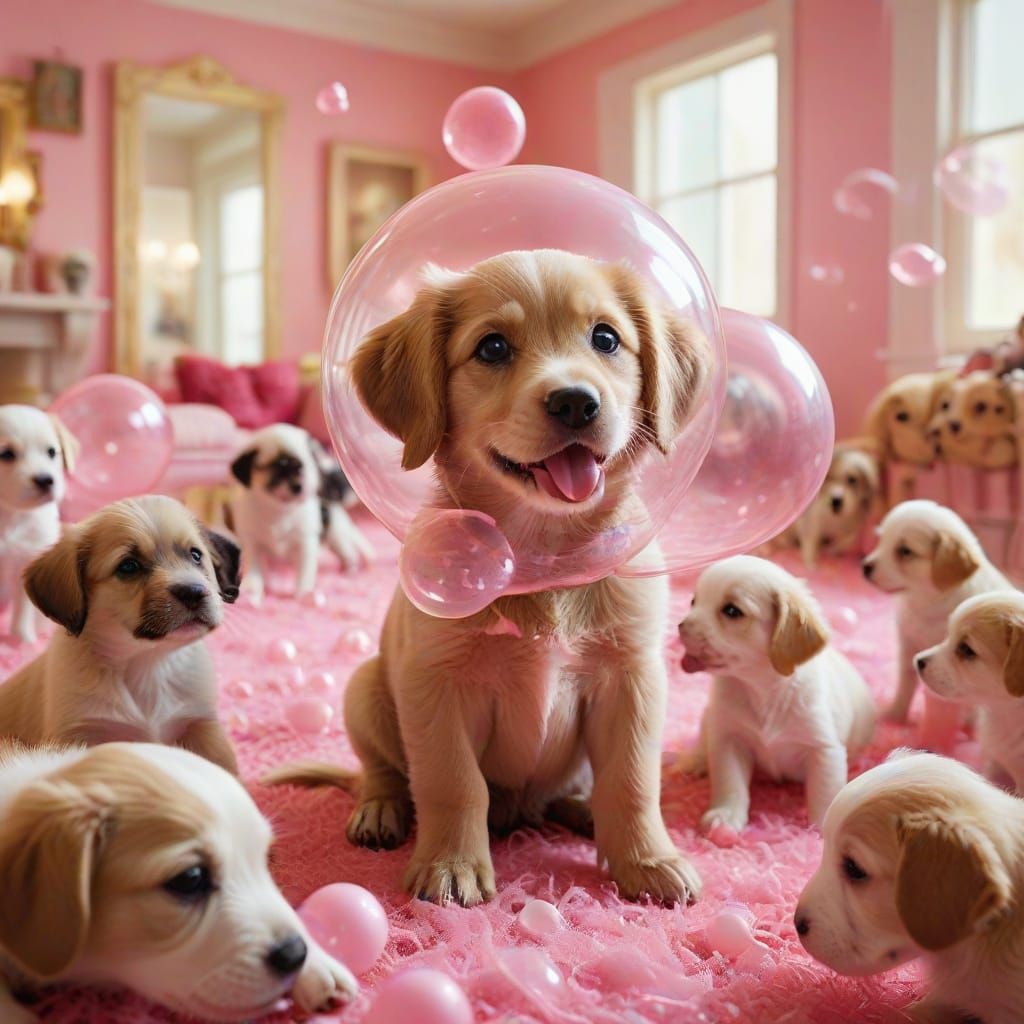 Adorable Puppy Blows a Bright Pink Bubblegum Bubble in a Pla...