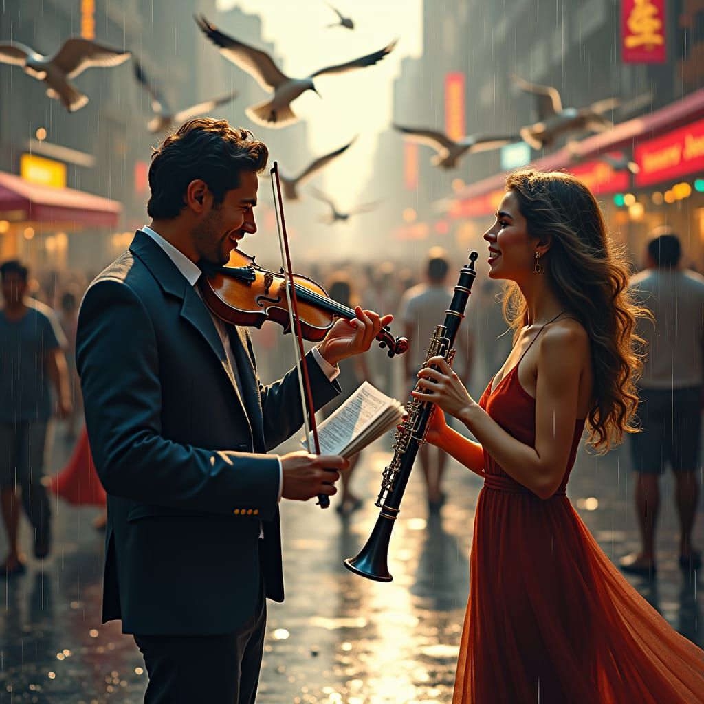 Seagulls Feast: Musicians Perform in Rainy City
