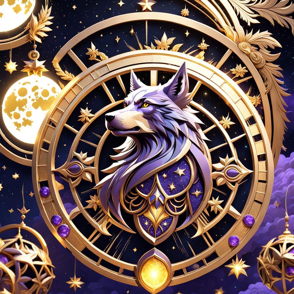 Fantasy Wolf Under Starry Night Sky, Detailed Art