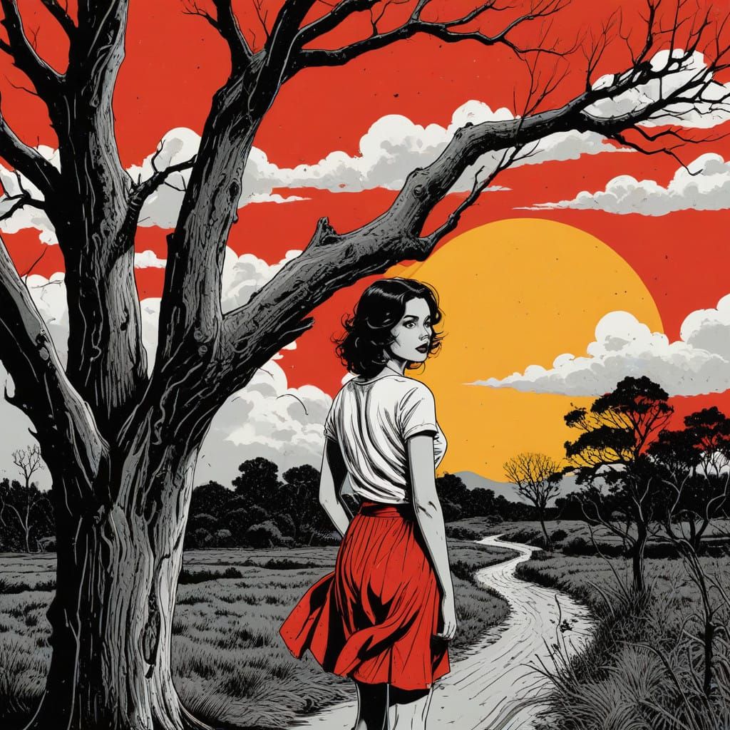 Muted Landscape with Ancient Tree Under a Single Red Sun