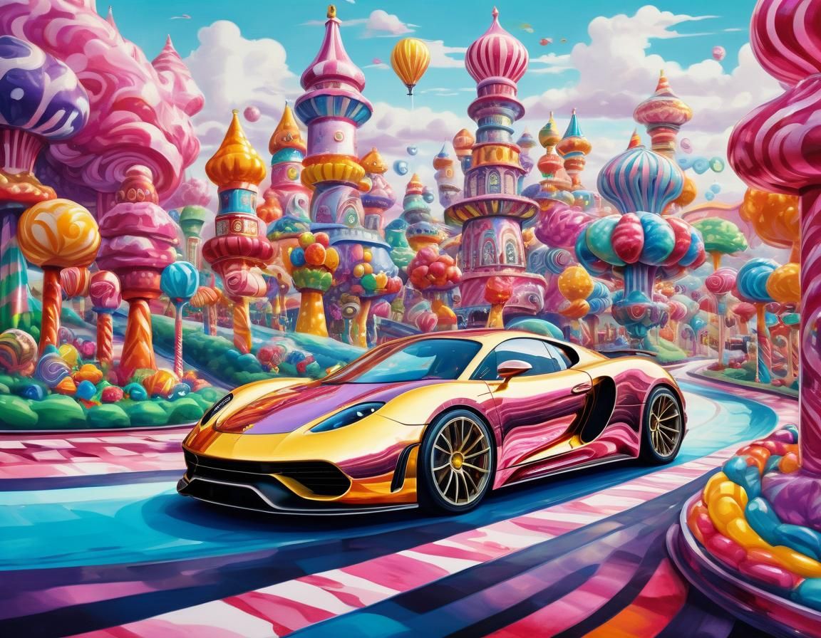 Supercar Drives Through Vibrant Candyland Fantasy