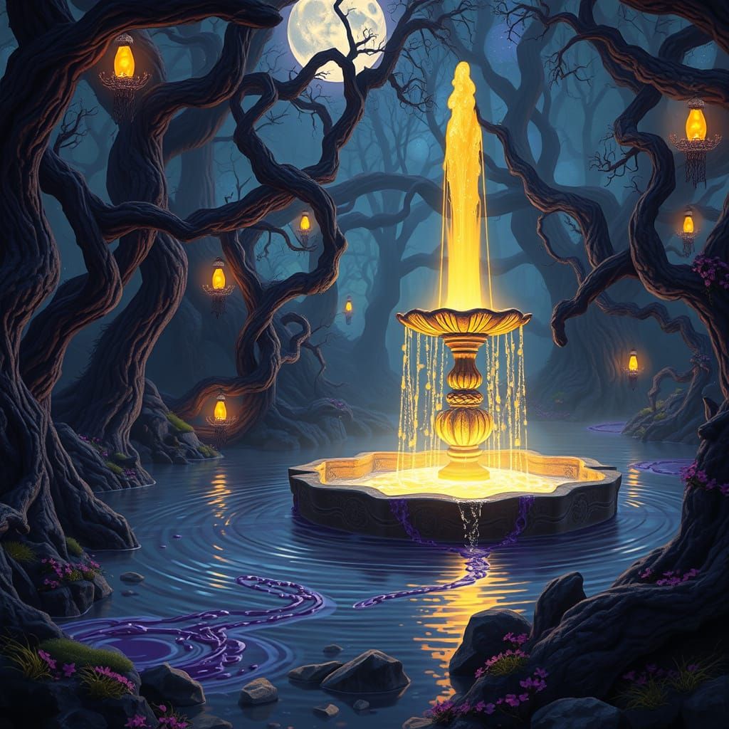 Mystical Forest: Glowing Fountain in Dark Fantasy Style