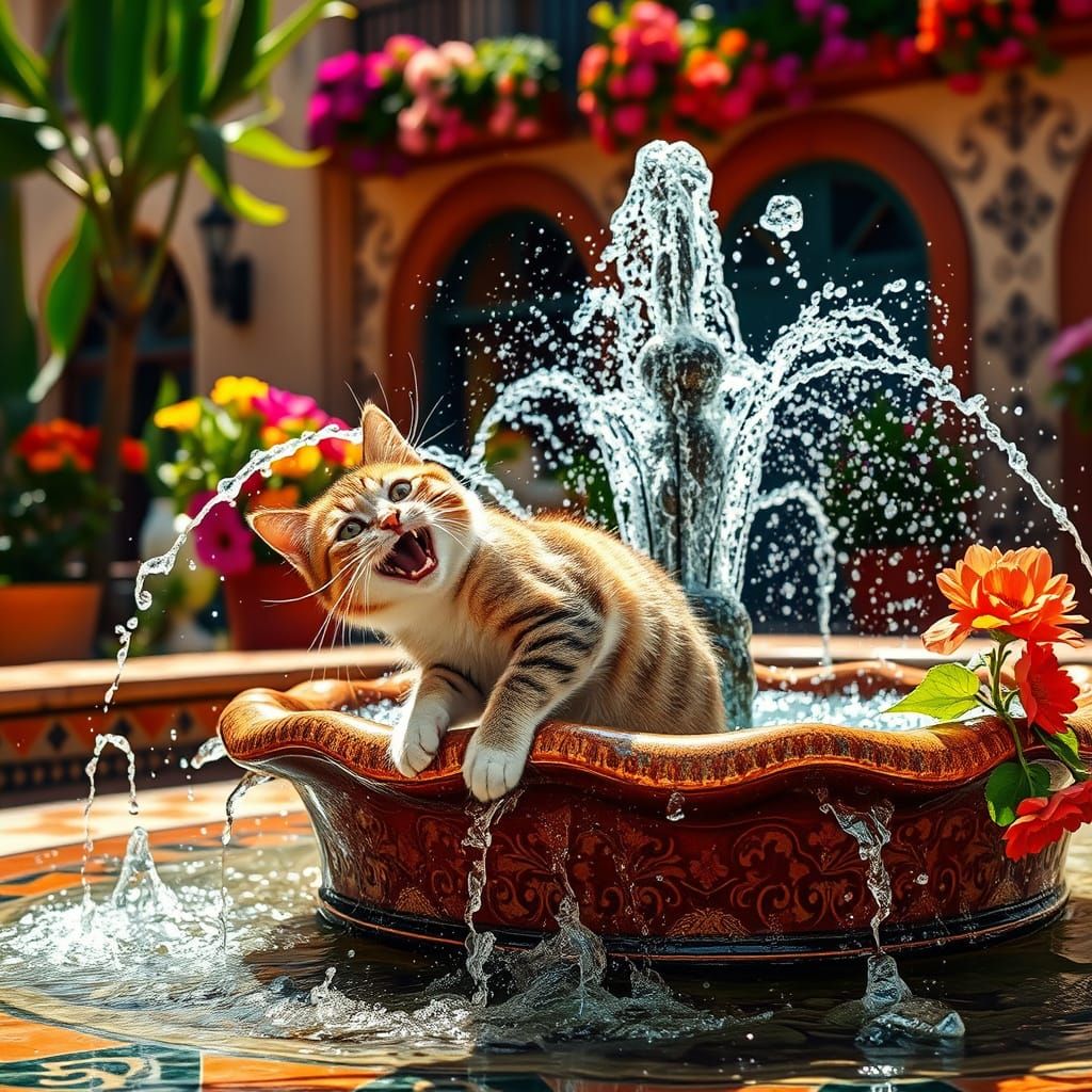 Cat's Joyful Splash in Andalusian Fountain
