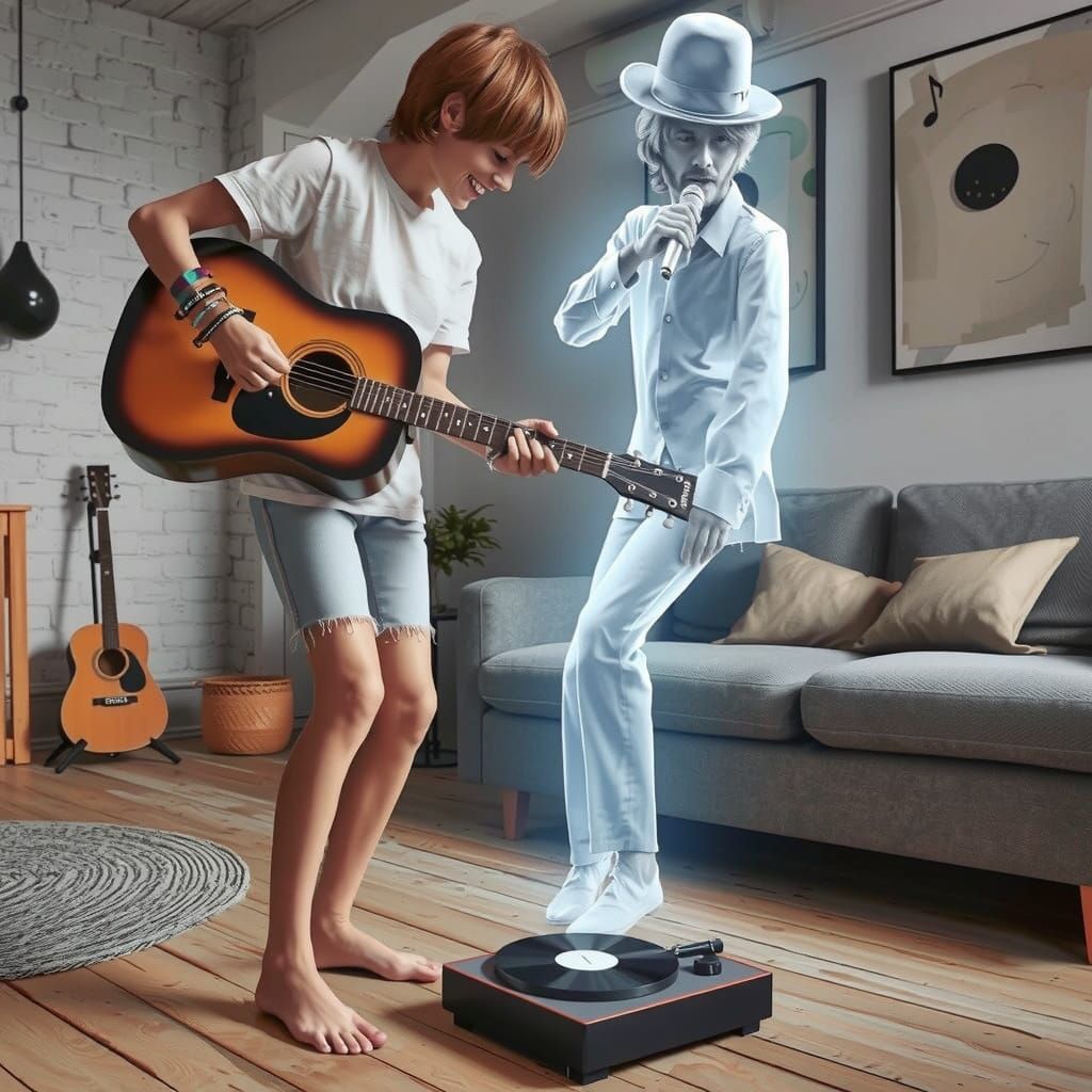 Passionate Singer Surrounded by Musical Notes in Dreamy Styl...