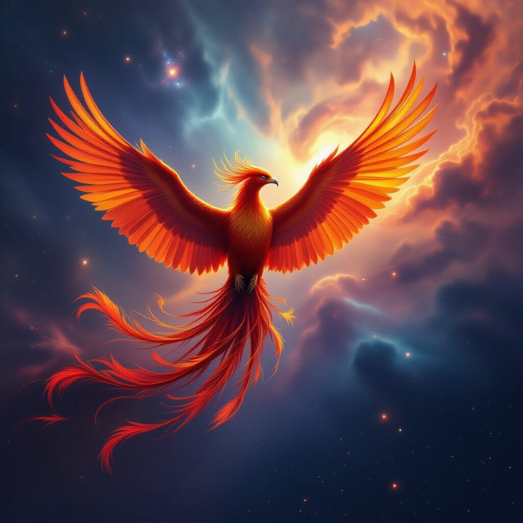 Majestic Phoenix Soaring Through Cosmic Nebula