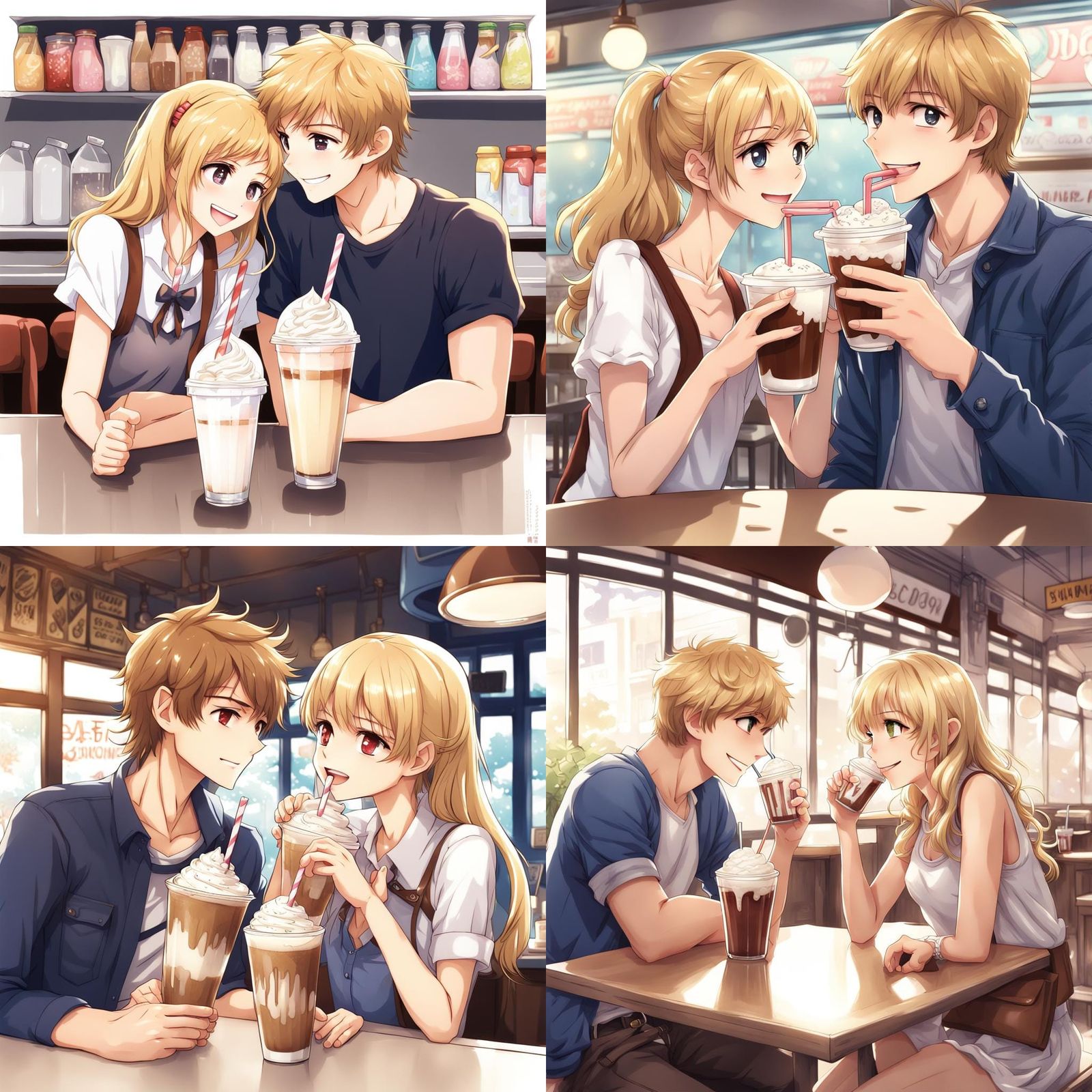 Happy Couple Sharing Milkshake in Anime Style