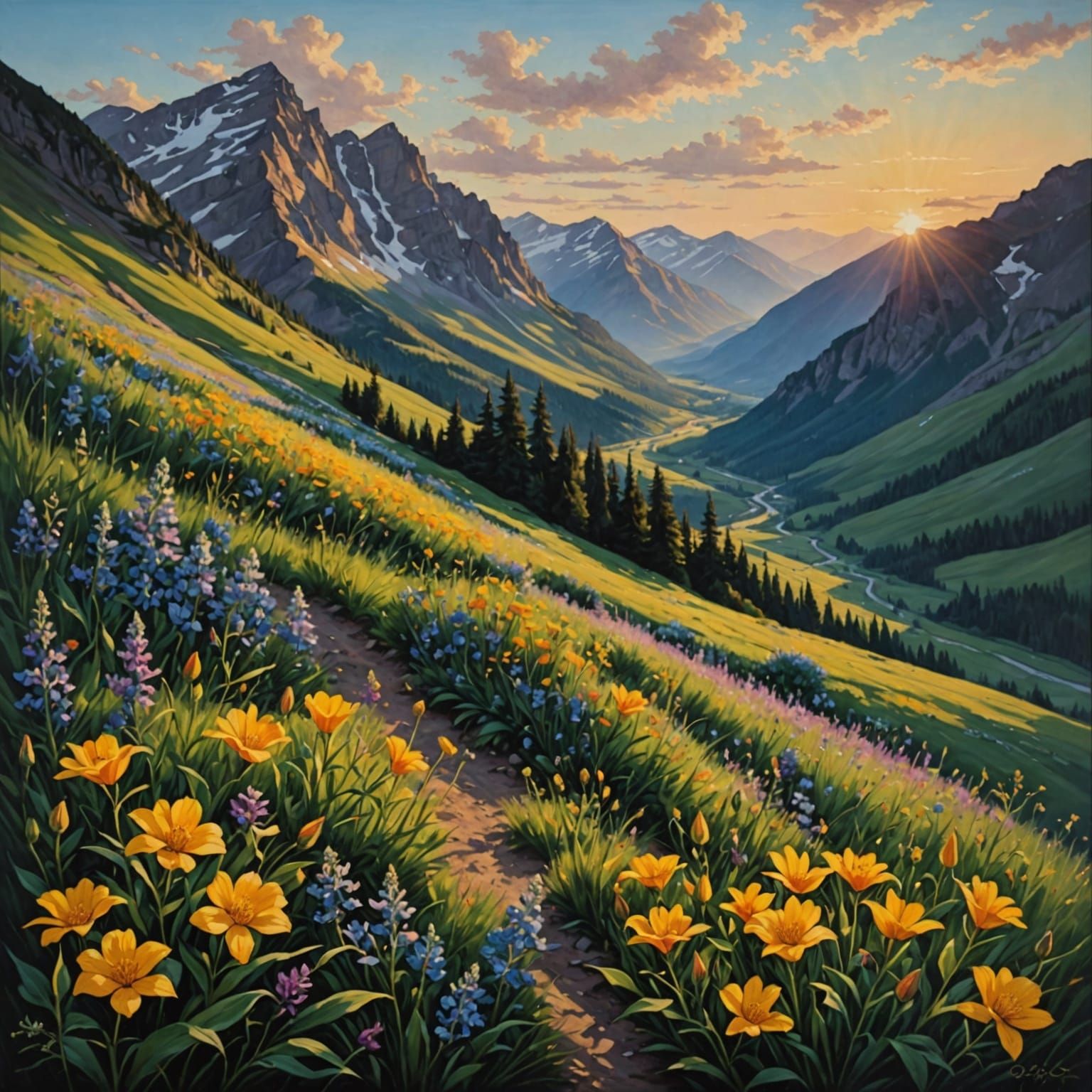 Morning Sunlit Mountain Landscape in Chiaroscuro Style