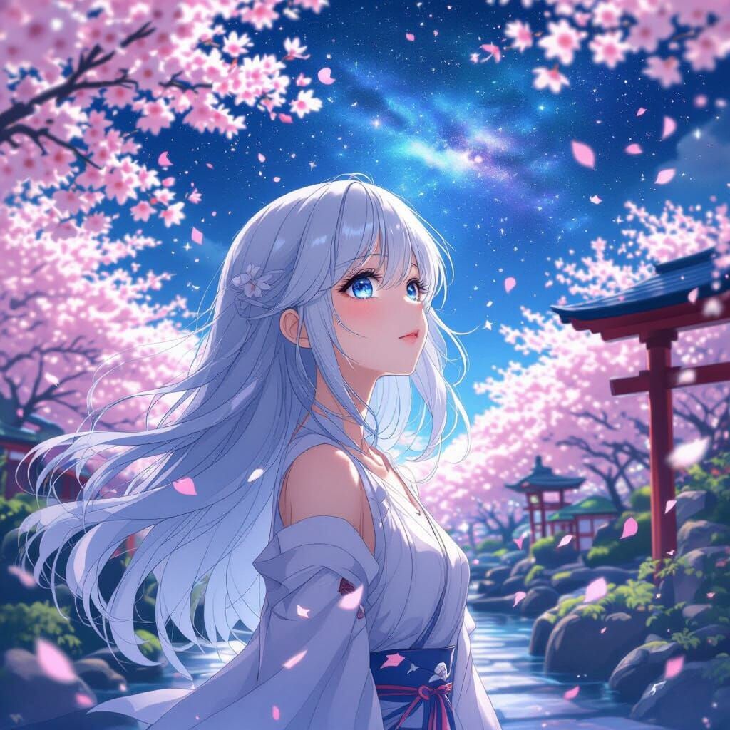 Celestial Girl with Silver Hair in Japanese Garden