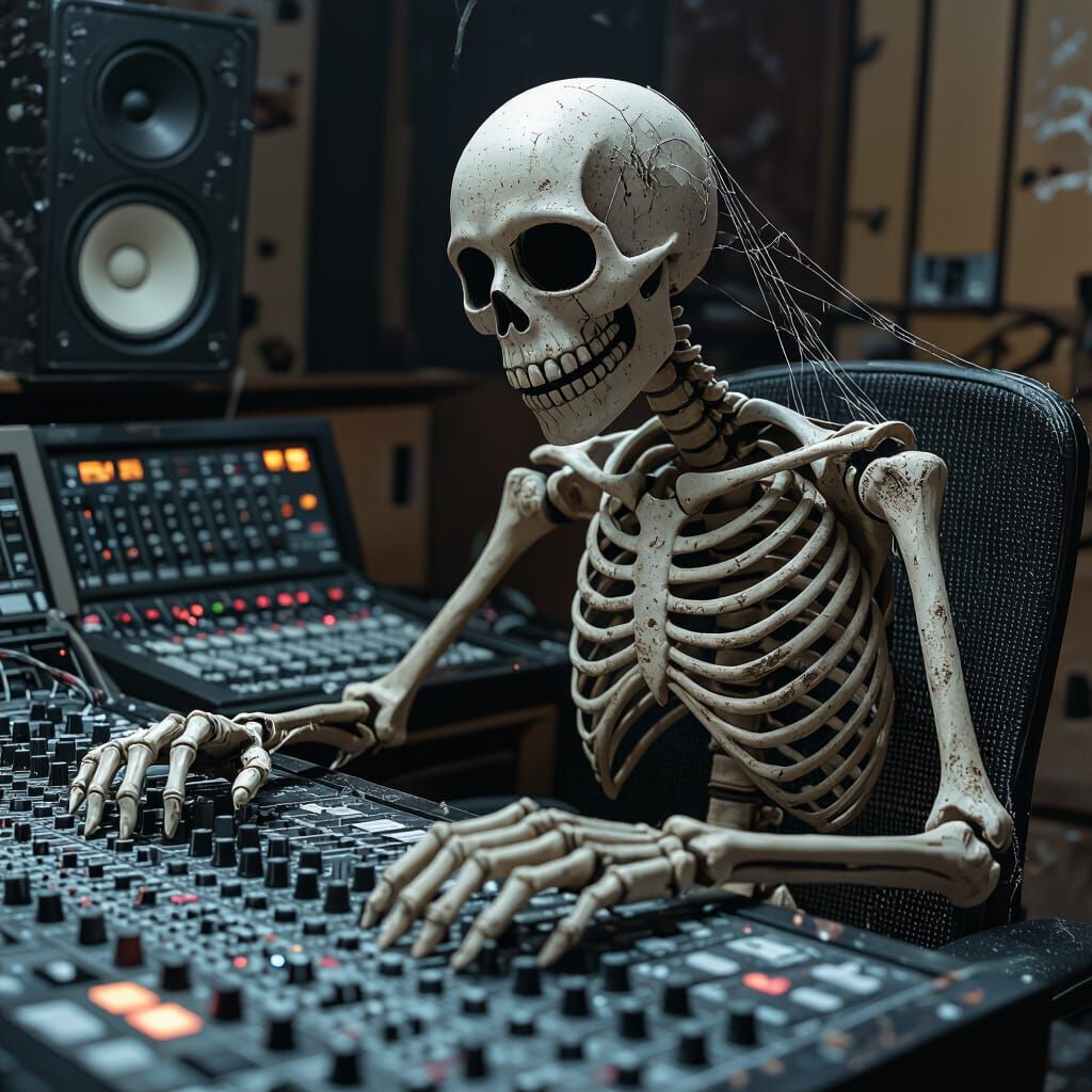 Hyperrealistic Skeletal DJ in Atmospheric Studio