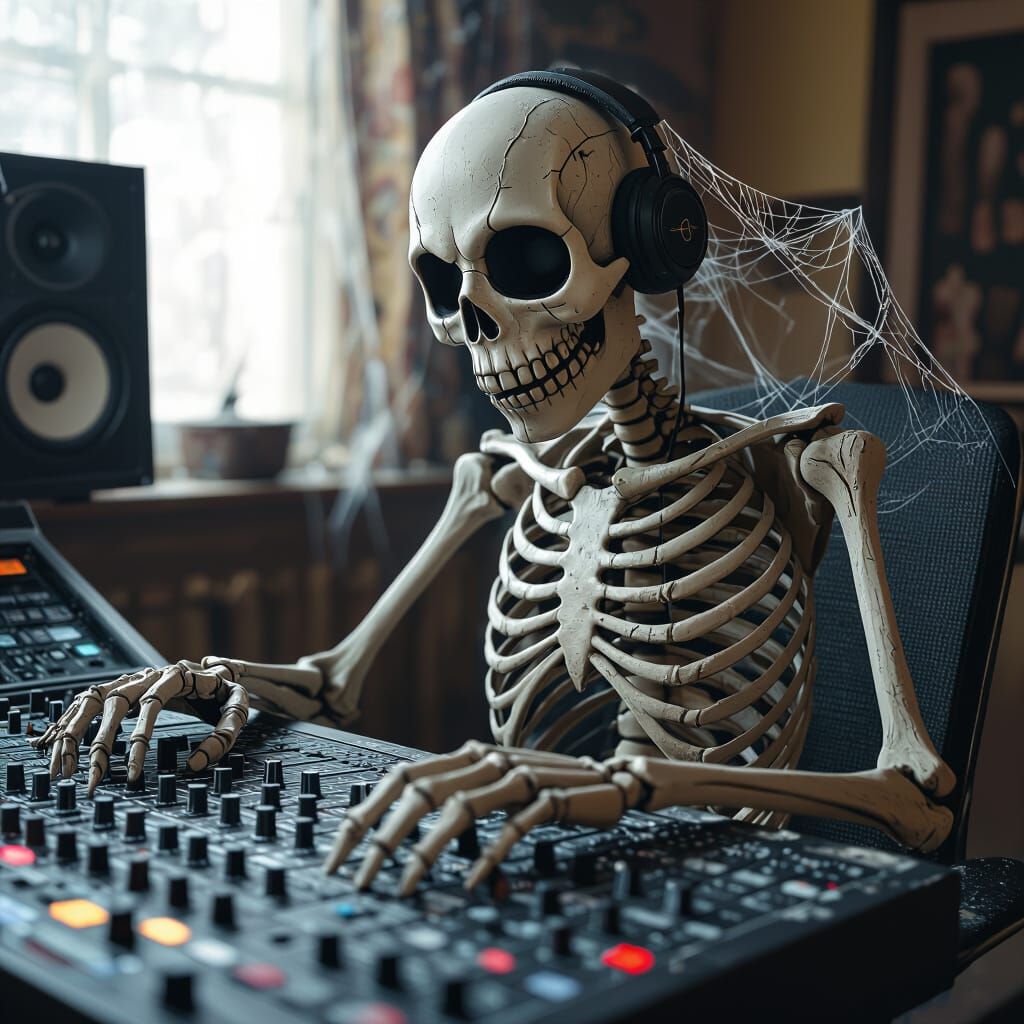 Hyperrealistic Human Skeleton DJ in Moody Lighting