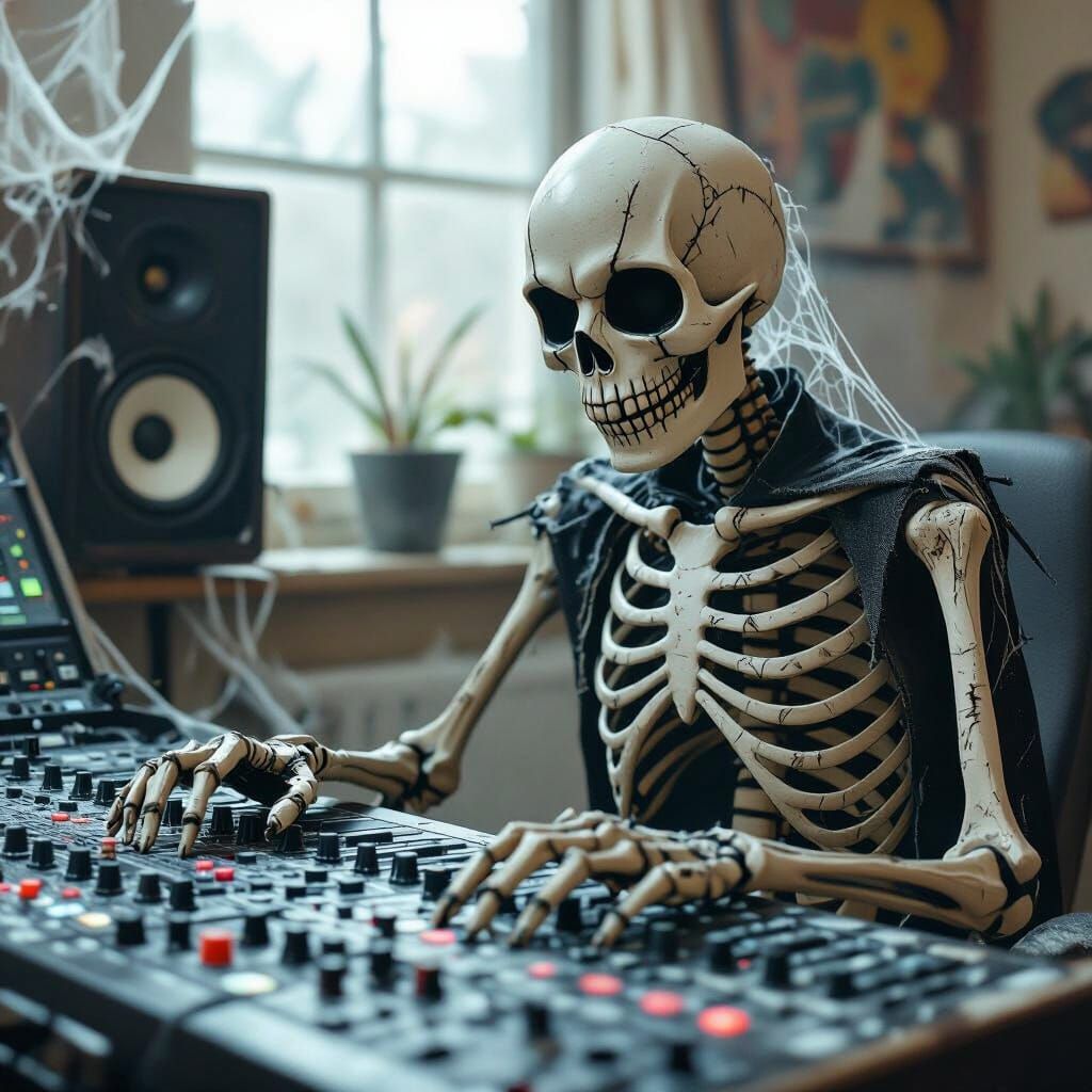 Hyperrealistic Skeletal DJ in Atmospheric Studio