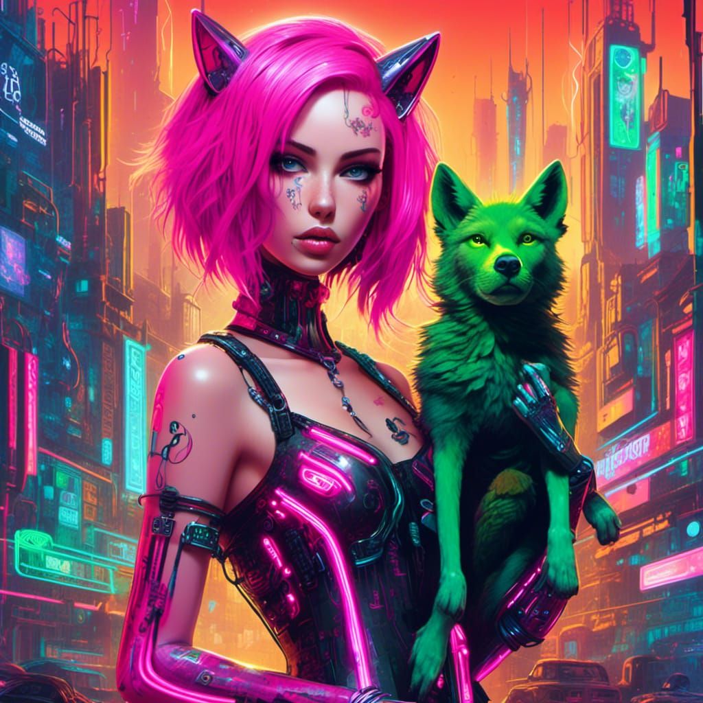 Cyberpunk Foxy Lady with Cybernetic Wolf