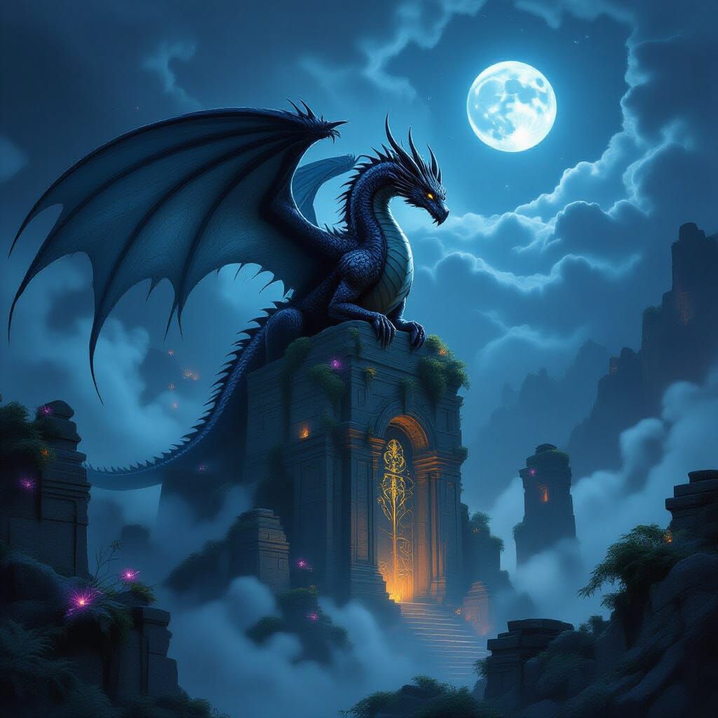 Majestic Dragon on Ancient Ruins in Dark Fantasy Concept Art