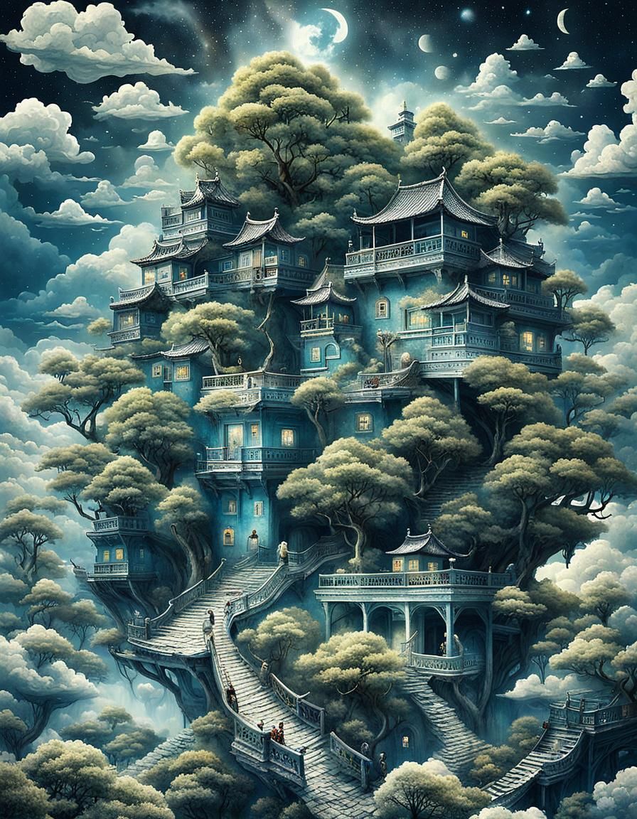 Surreal Chinese Bonsai Village in Clouds