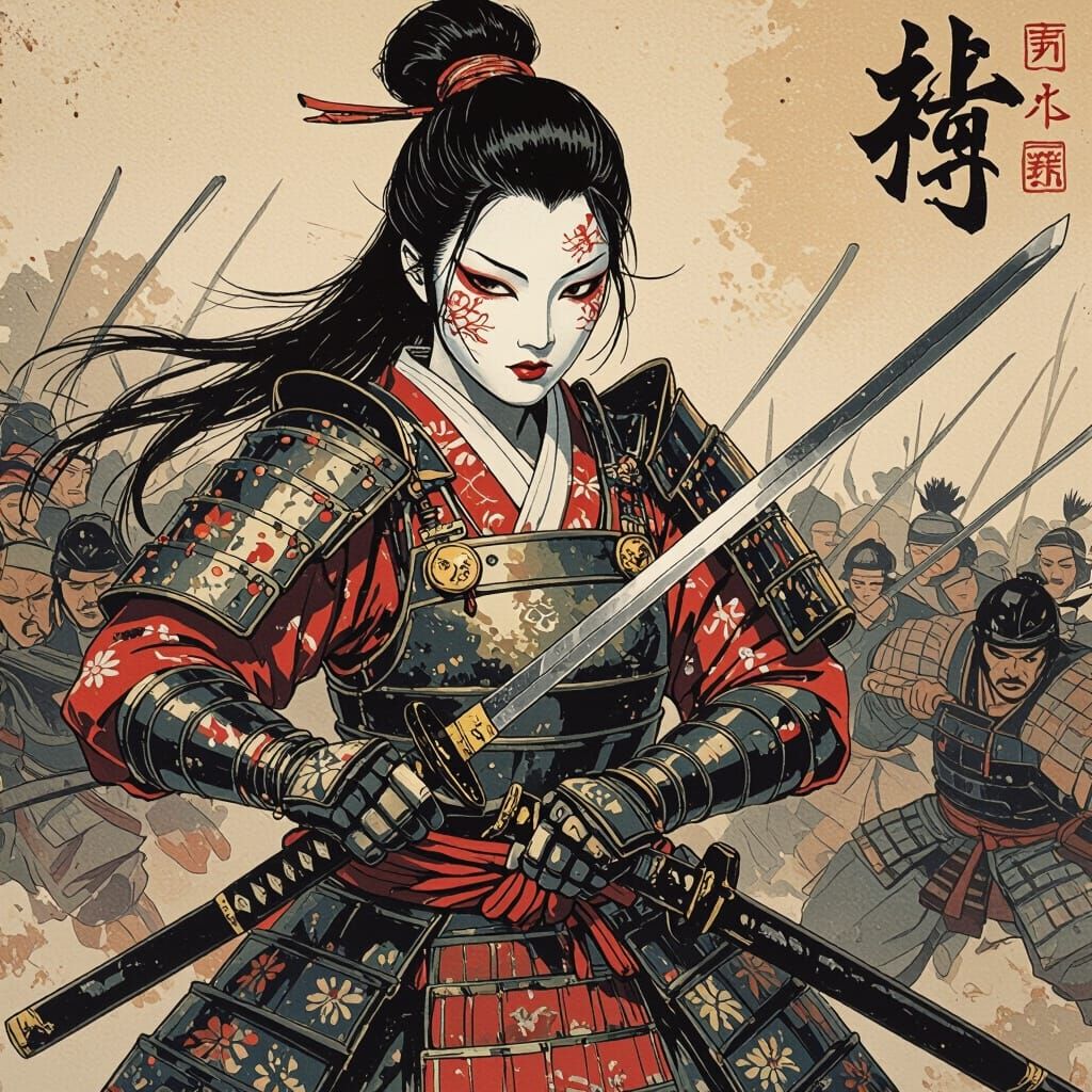 Samurai Woman Warrior with Katana, Manga Style