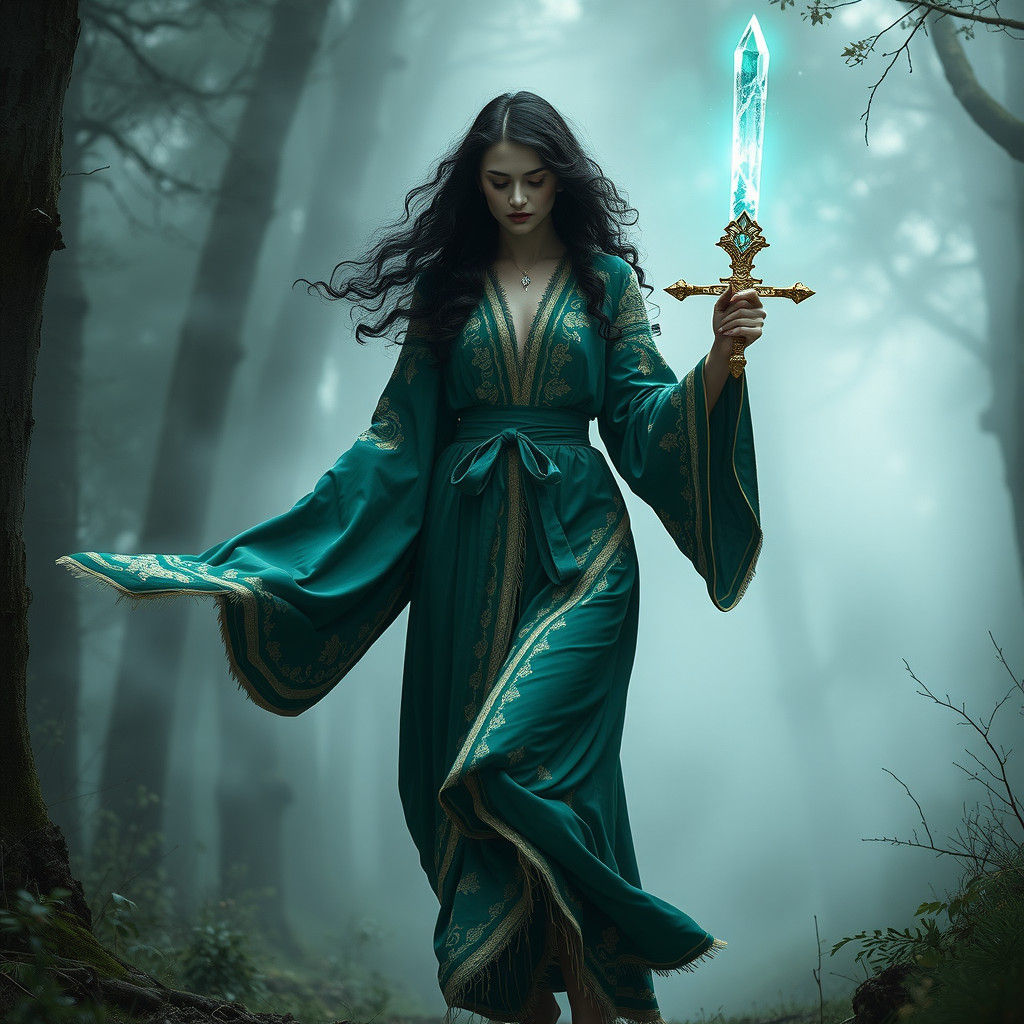Mystical Sorceress with Glowing Sword in Surreal Forest
