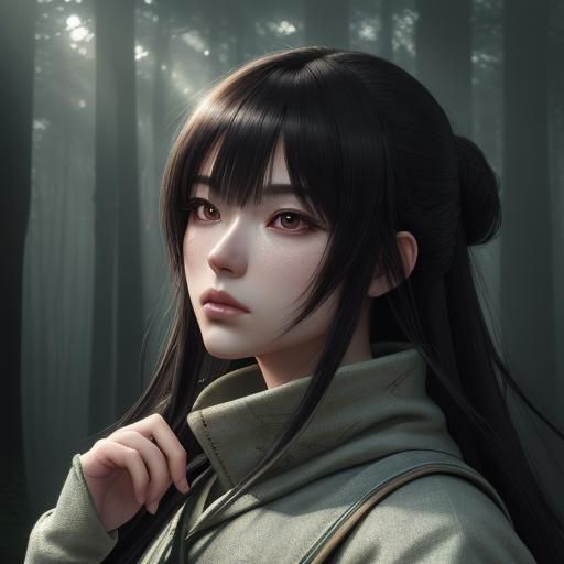 Anime Brunette in Misty Forest, Digital Art