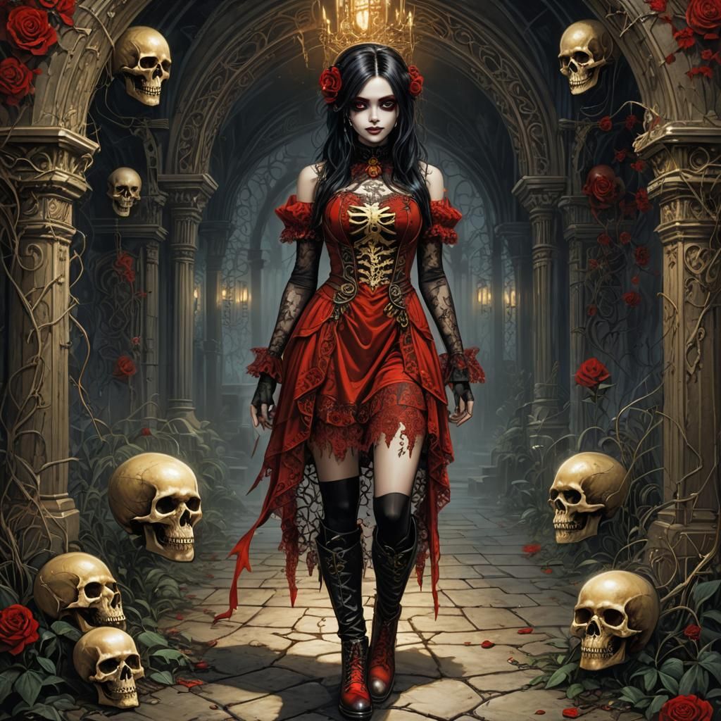 Cute Goth Girl in Red Lace Dress