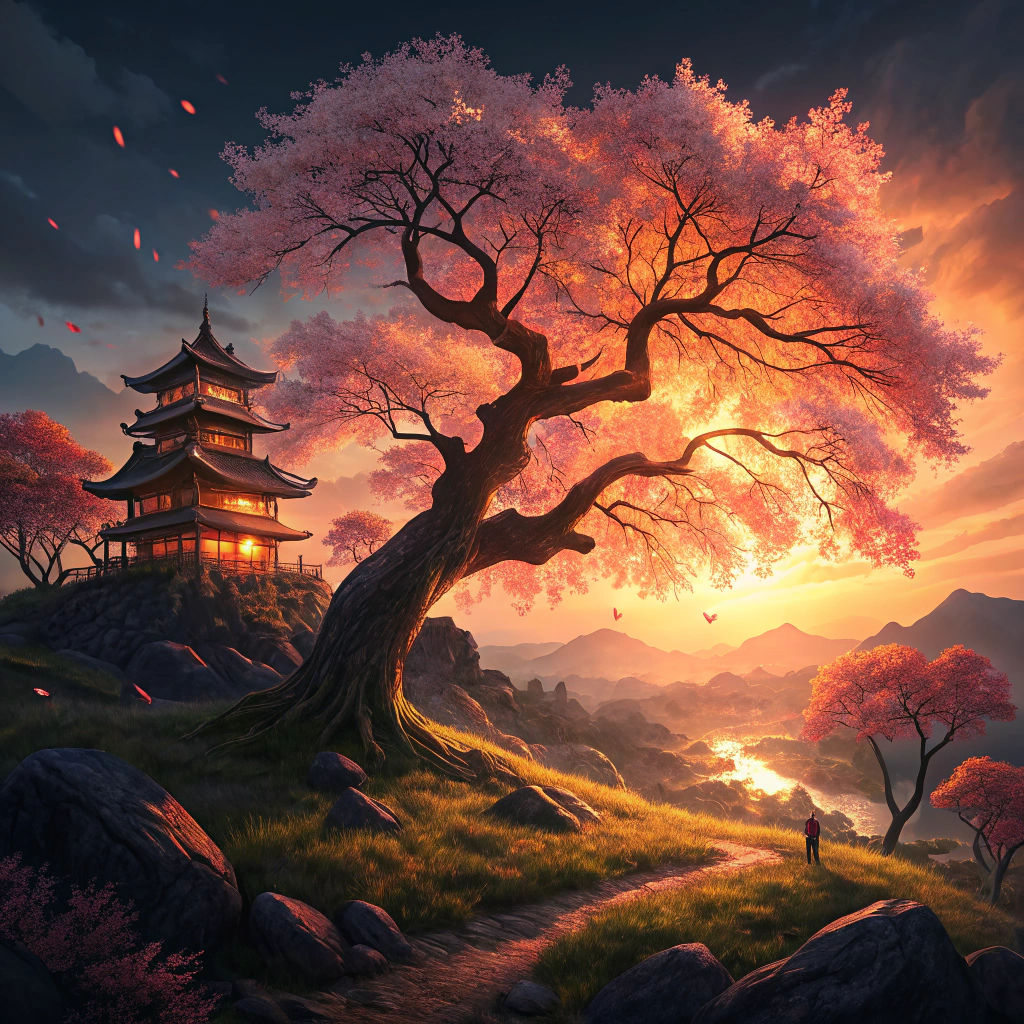 Magical Sakura Tree in Chinese Landscape at Golden Sunset