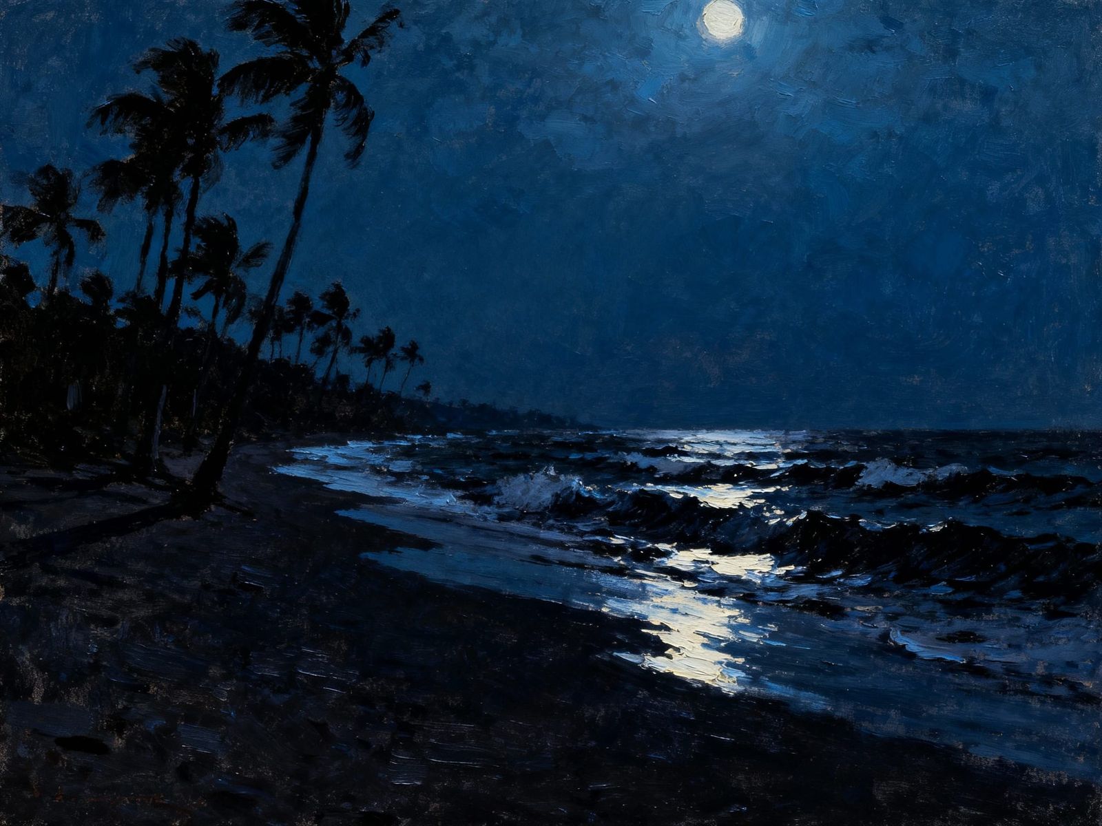 Abstract Night Ocean Walk Oil Painting with Palms