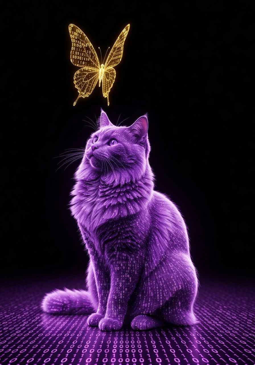 Elegant Binary Cat and Butterfly Digital Art