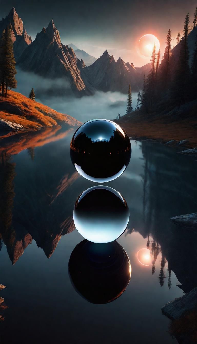 Floating Obsidian Orb in Mountain Mirror