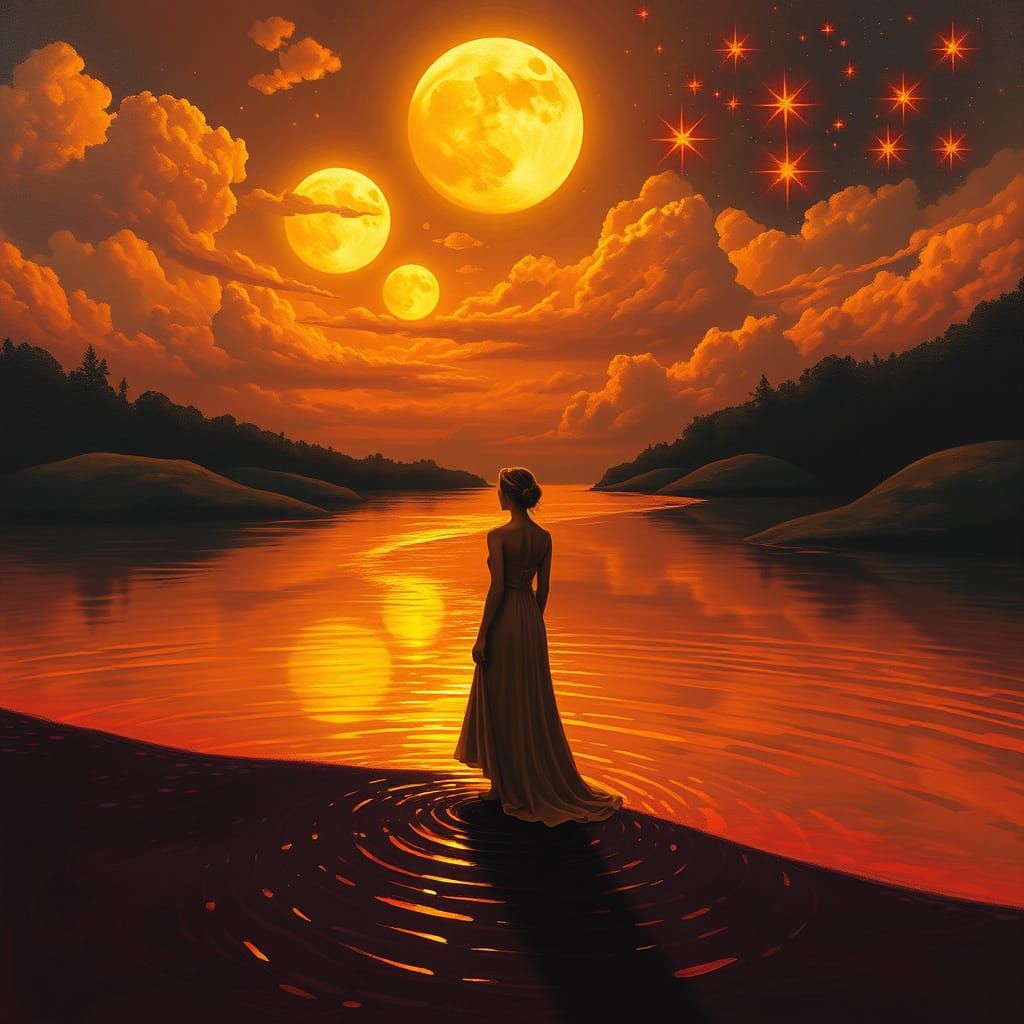 Dreamlike Landscape with Velvet River and Three Glowing Moon...