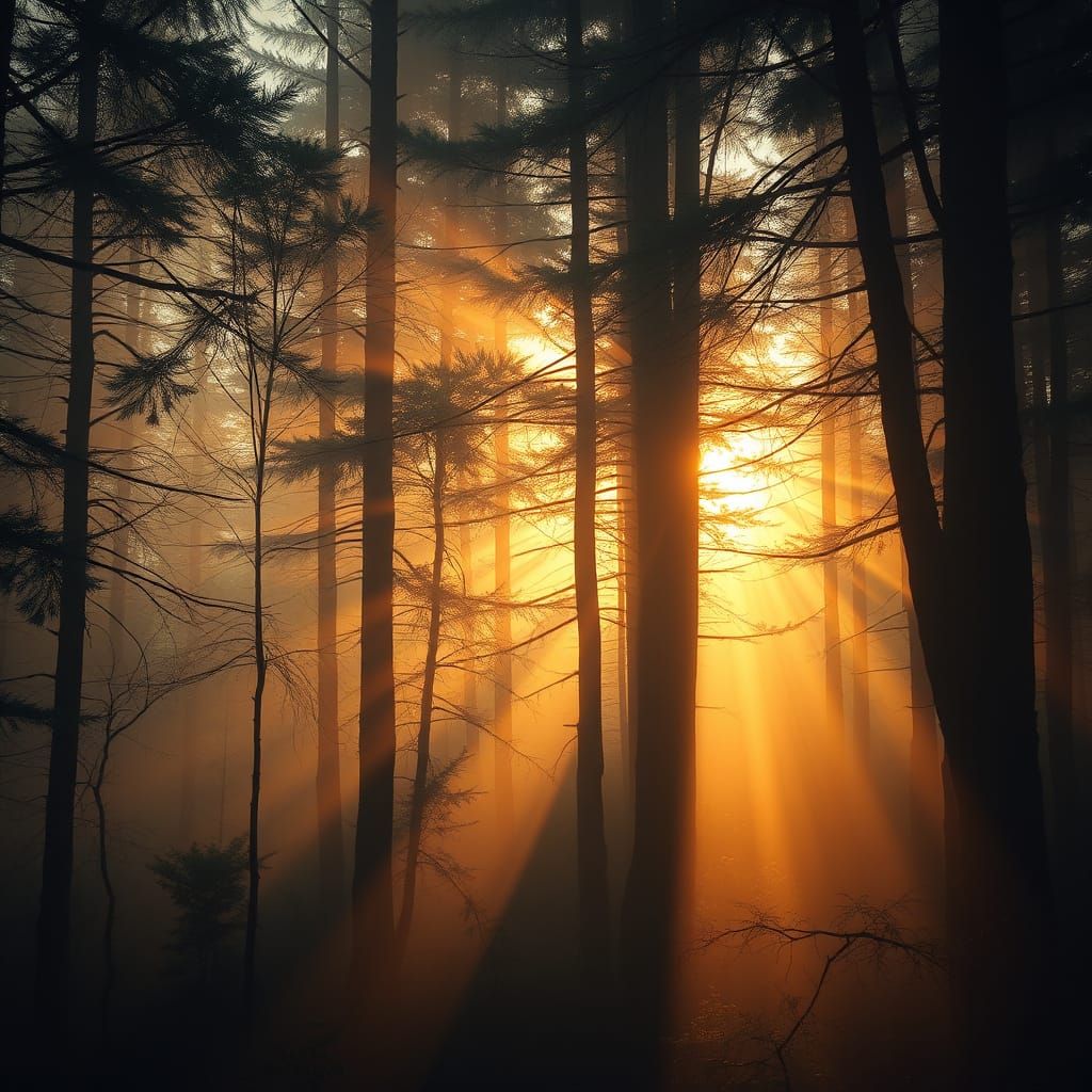Sunlit Crepuscular Rays in Misty Forest