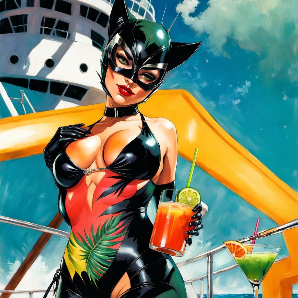 Catwoman on Cruise Ship in Anime Style