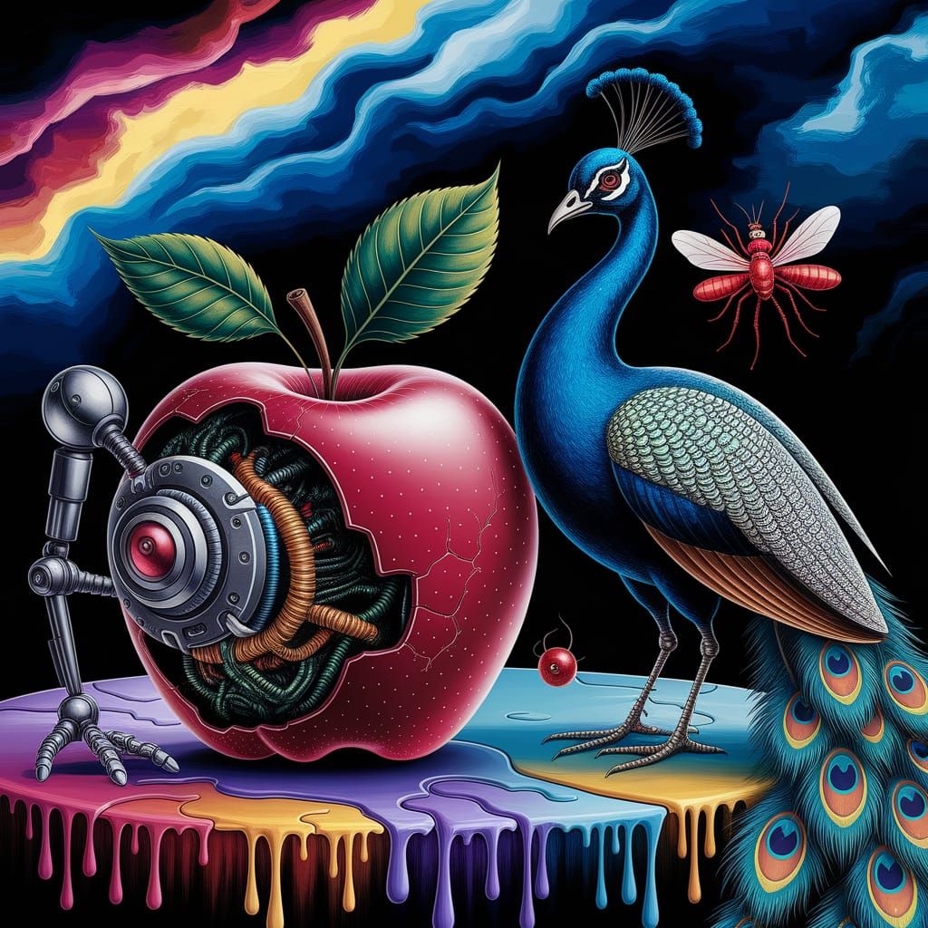 Robotic Apple and Blue Peacock in Surreal Biomechanical Styl...