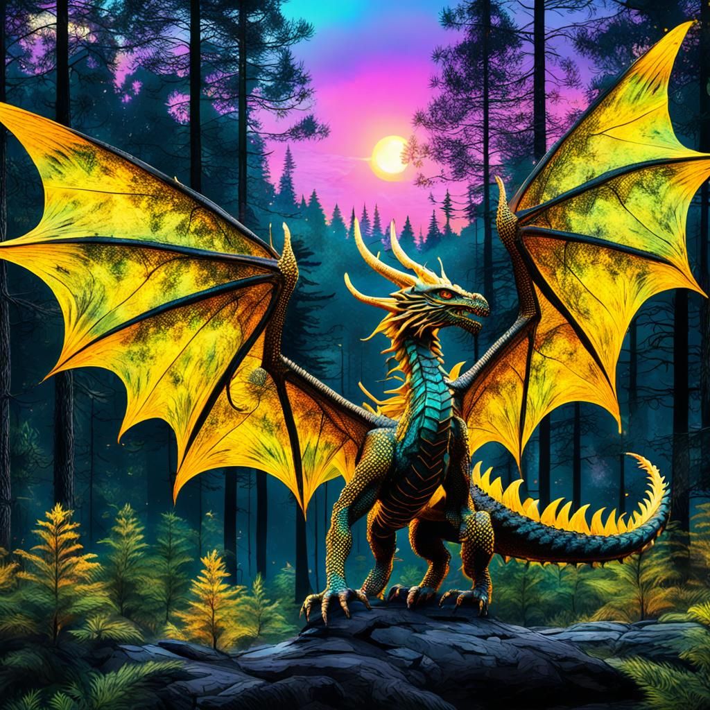 Dragon in Sunset Forest: Astral Illustration