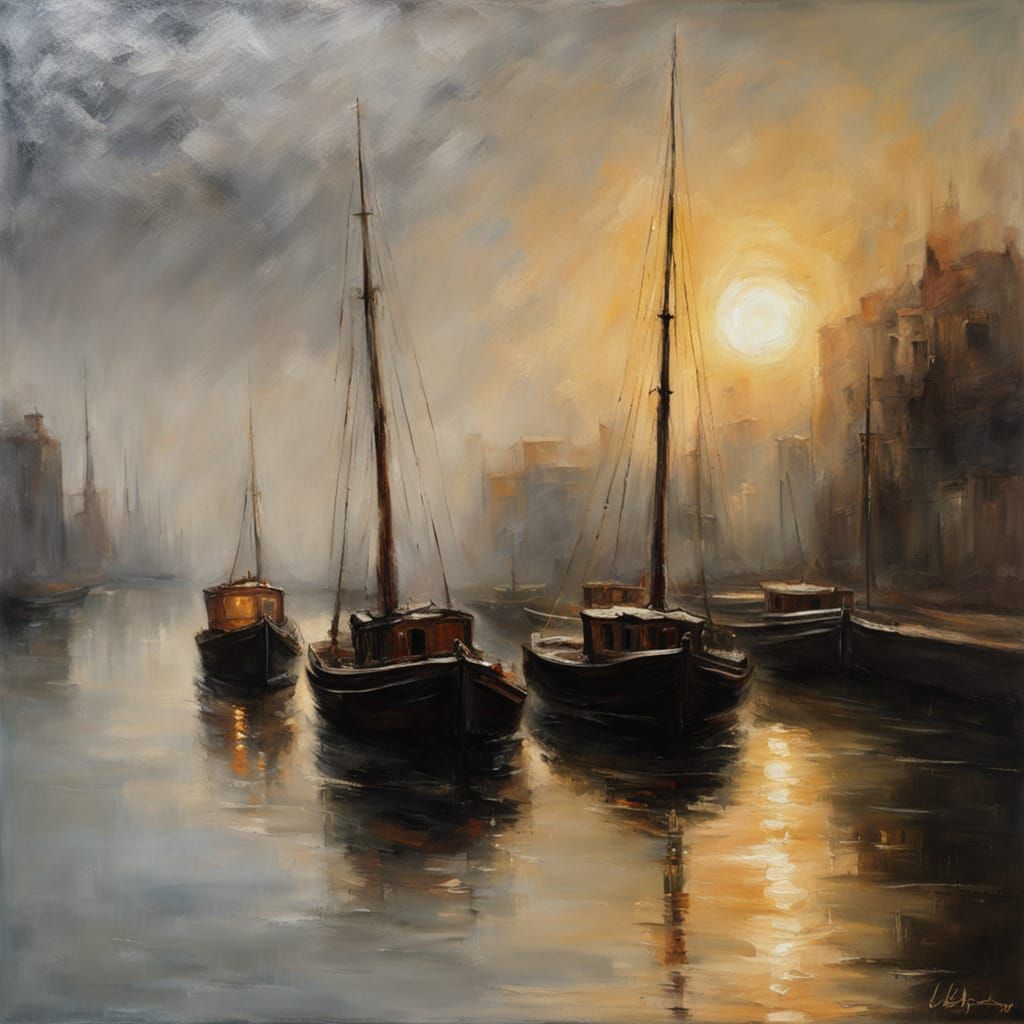 Dramatic Maritime Scene: Boats on the Seine at Golden Hour