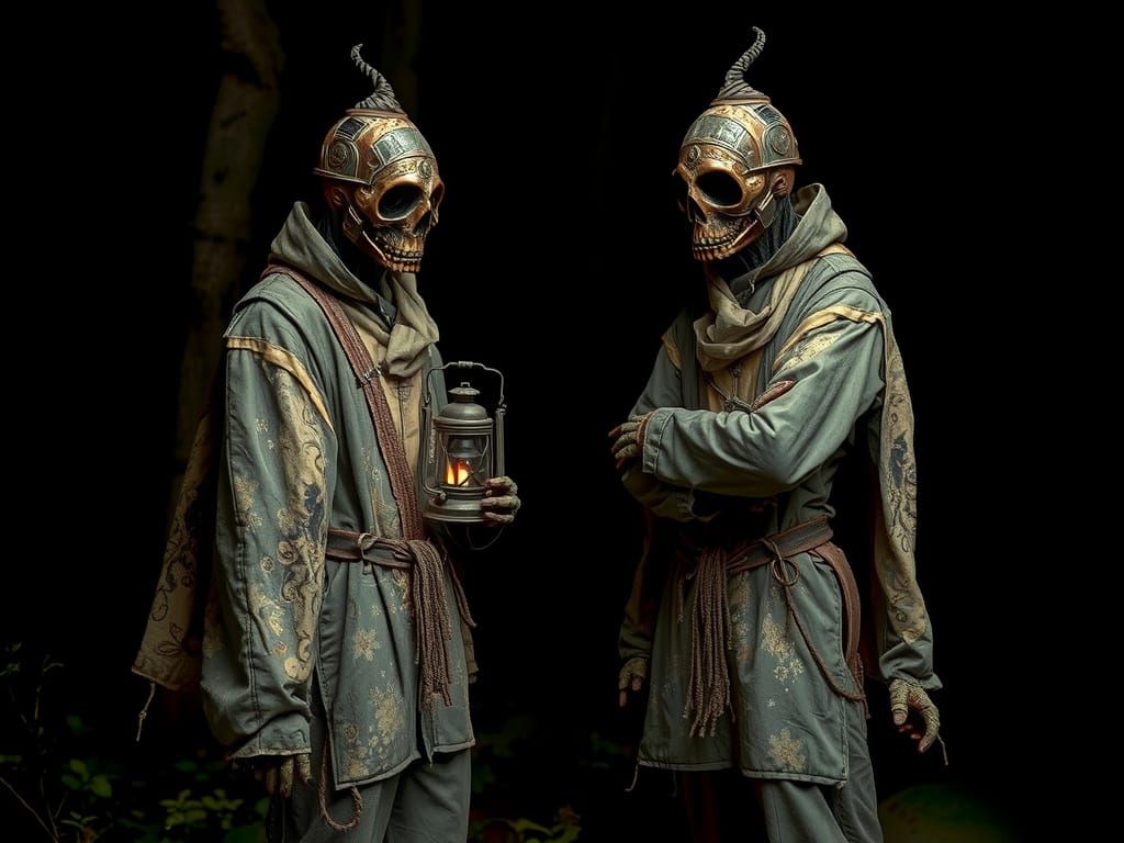 Mystical Scarecrow with Lantern in Dark Forest