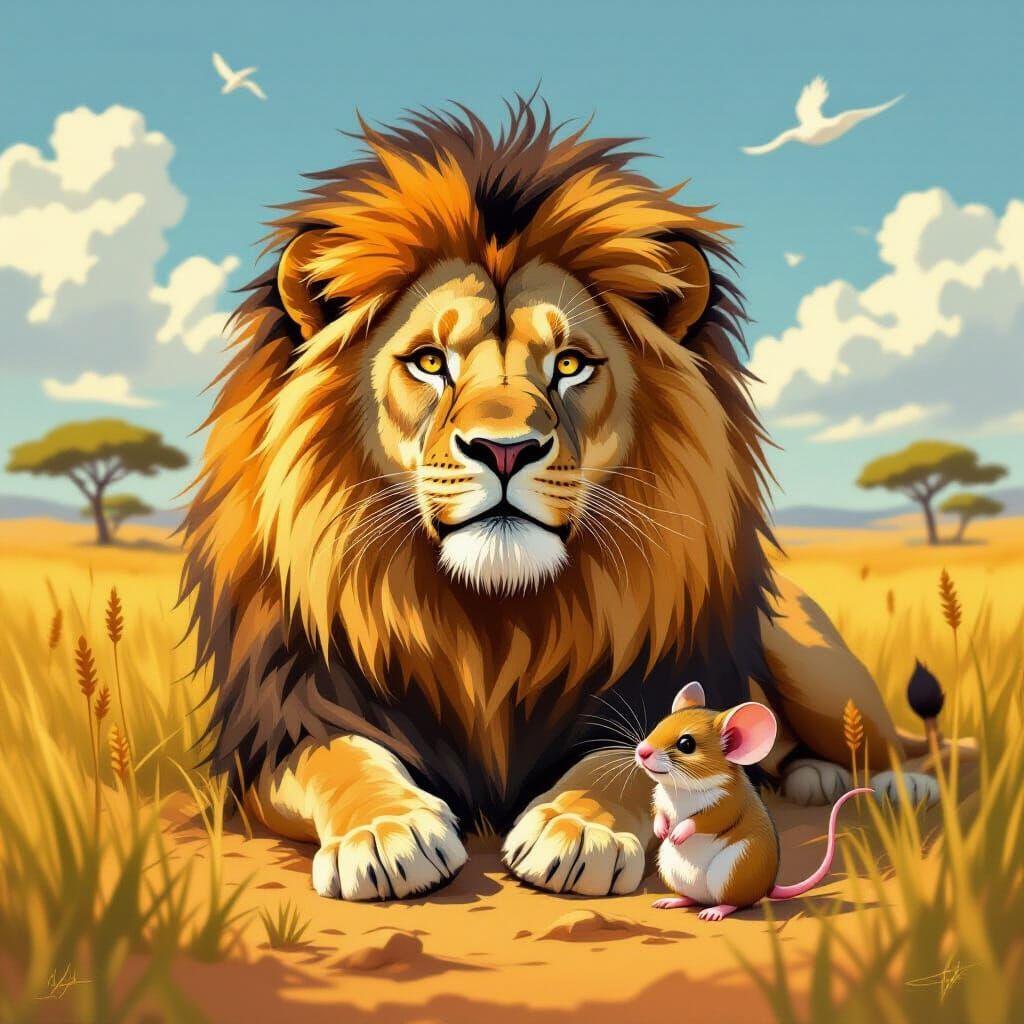 Lion and Mouse on Sun-Drenched Savannah