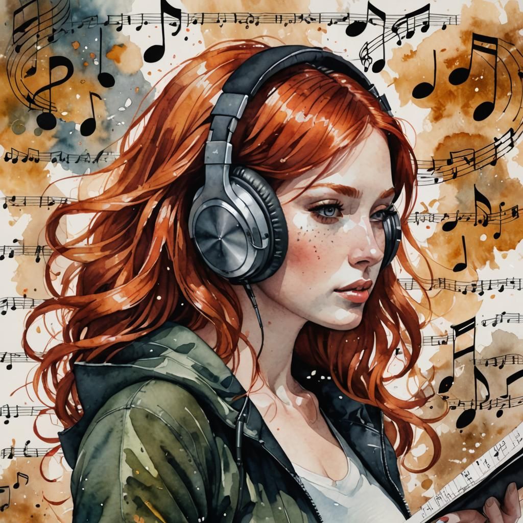 Red-Haired Woman Listening to Music: Ink and Watercolour