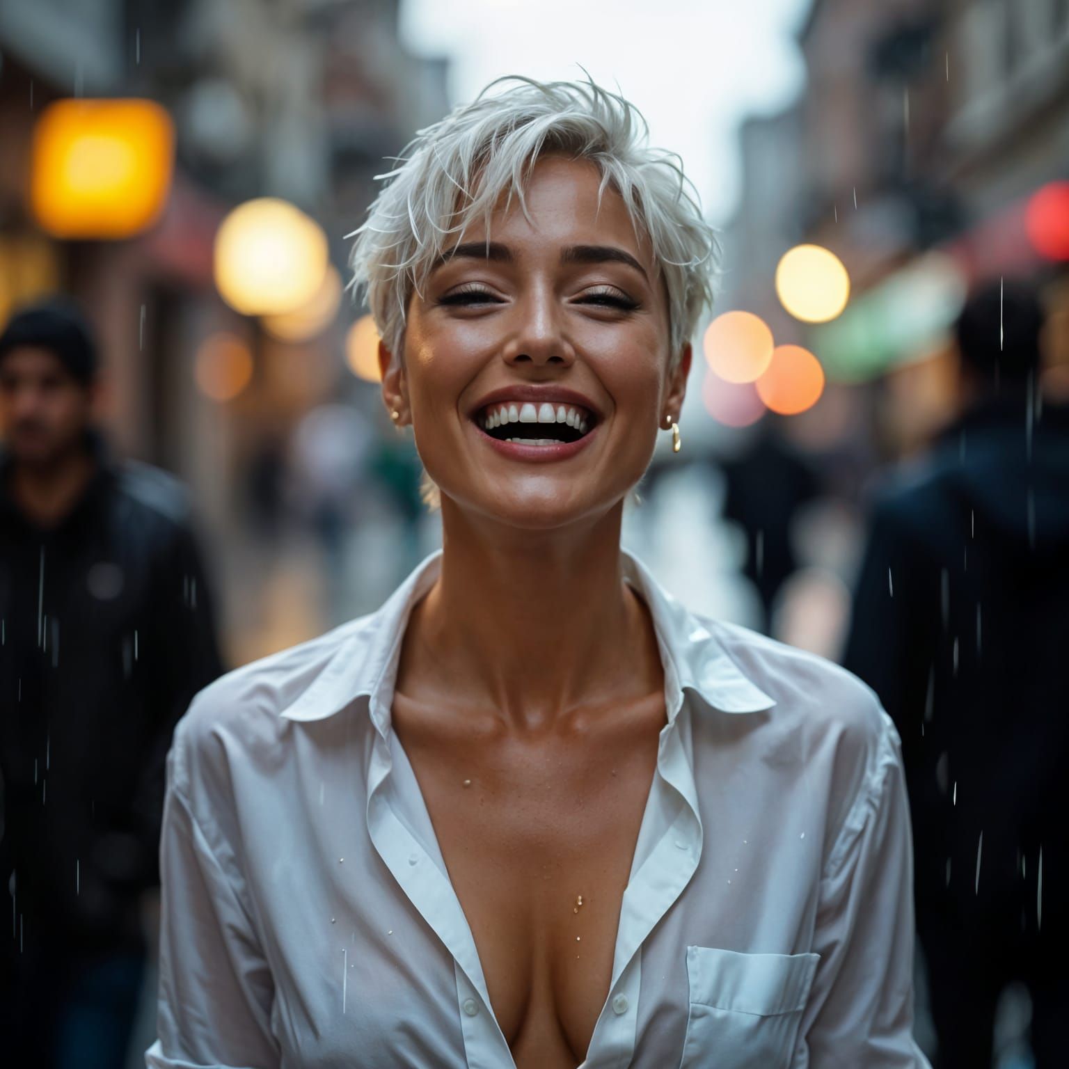 Laughing Woman with Pixie Cut in Golden Hour Rain