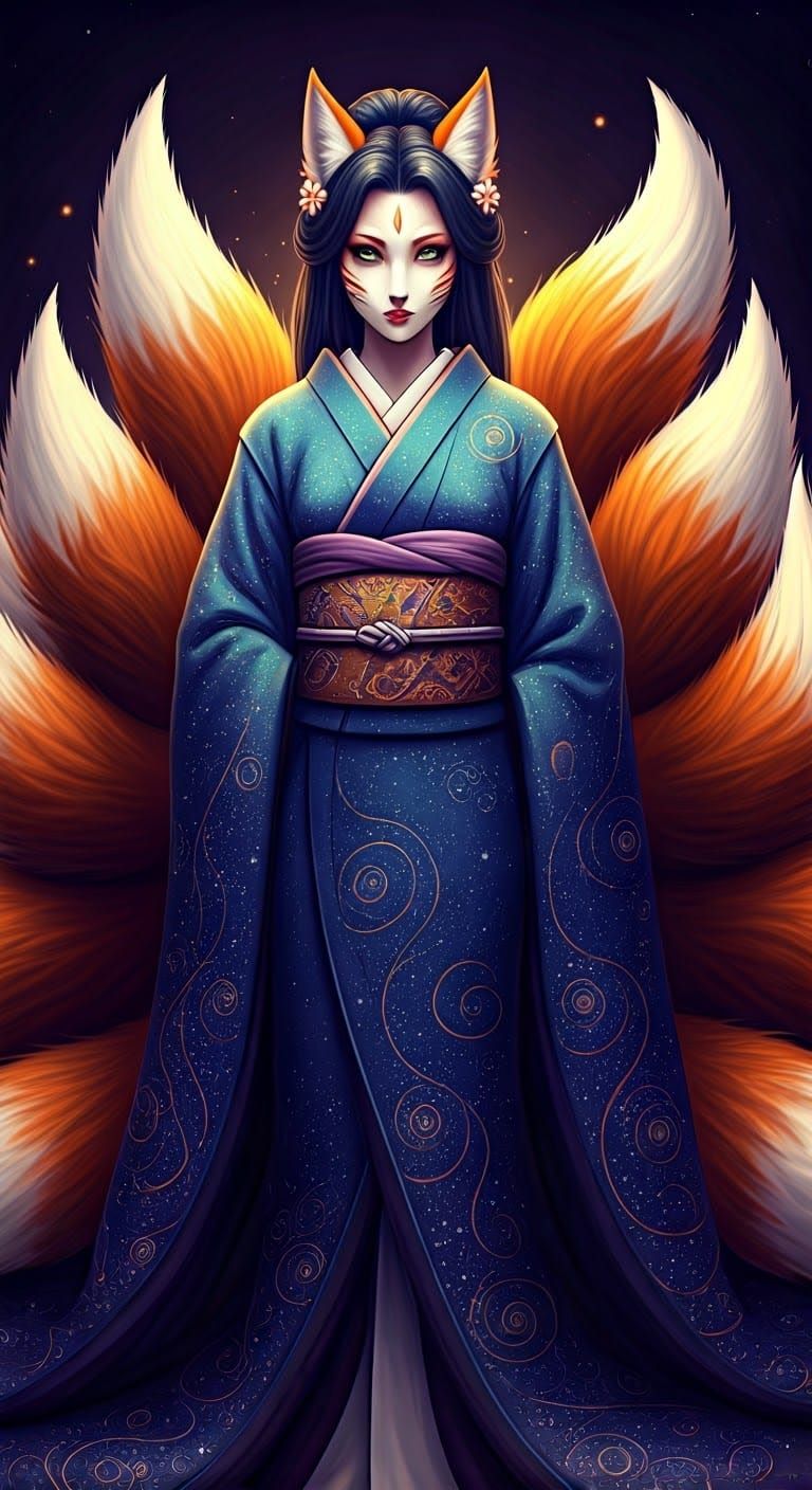 Kitsune Woman in Stardust Kimono, High Fantasy Art