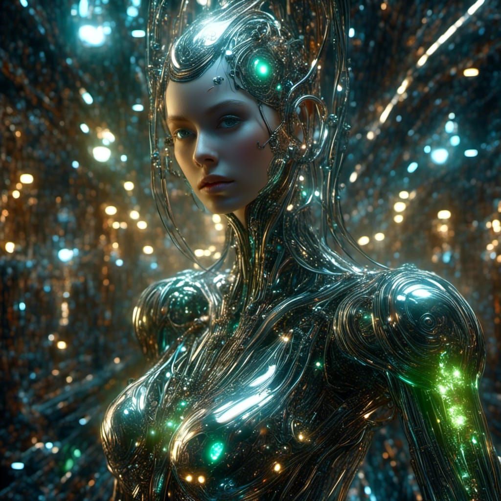 Cyborg Woman Dancing in Futuristic Filigree Style