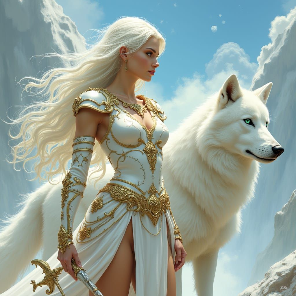 Celestial Aasimar Warrior with Dire Wolf in Vibrant, Dynamic...