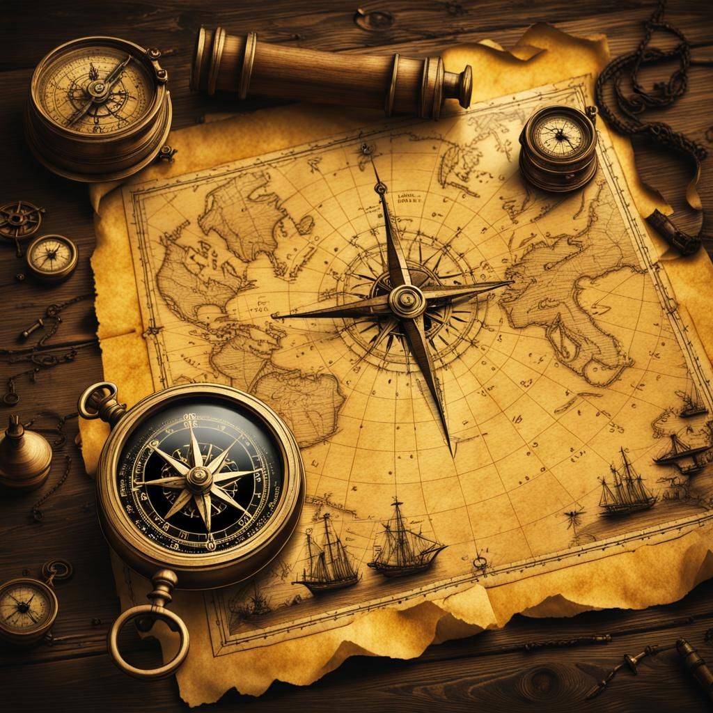 Antique Treasure Map with Compass Still Life