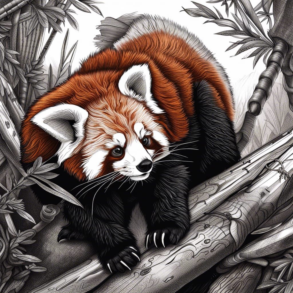 Winged Red Panda in Black and White Ink