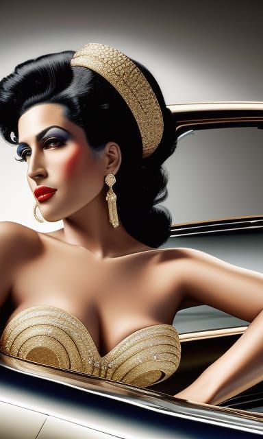 Pin-up in a Cadillac Fleetwood 1955