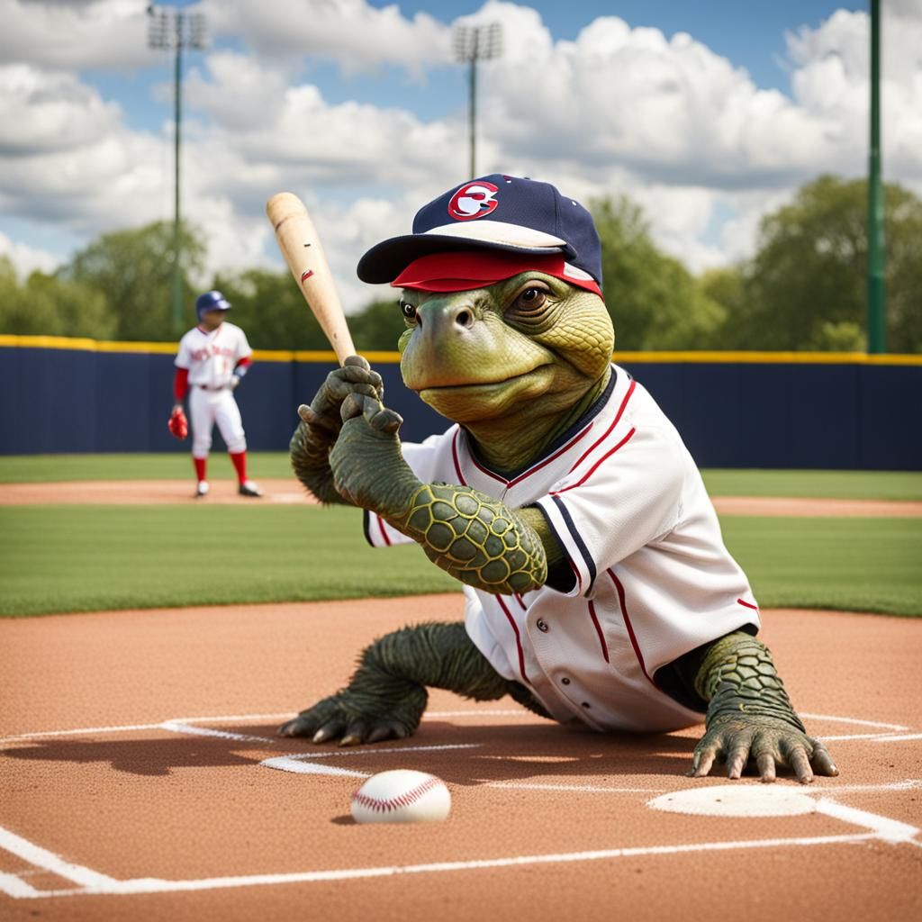 Turtle Playing Baseball on Diamond