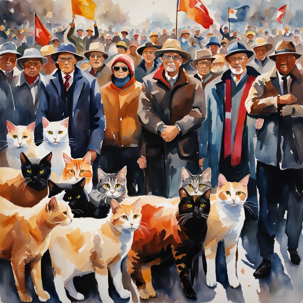 Palette Knife Art of Protesting Crowd with Cats