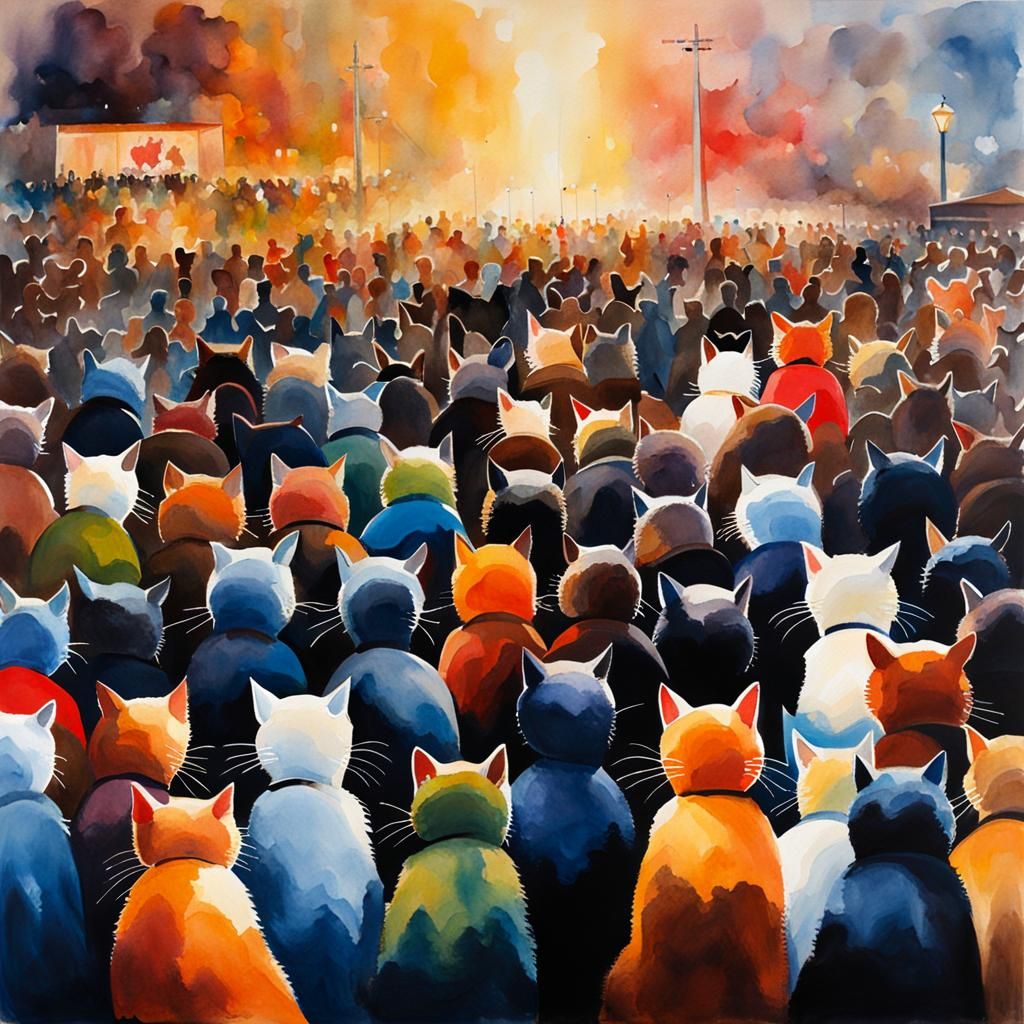 Palette Knife Painting of Protesting Crowd with Cats