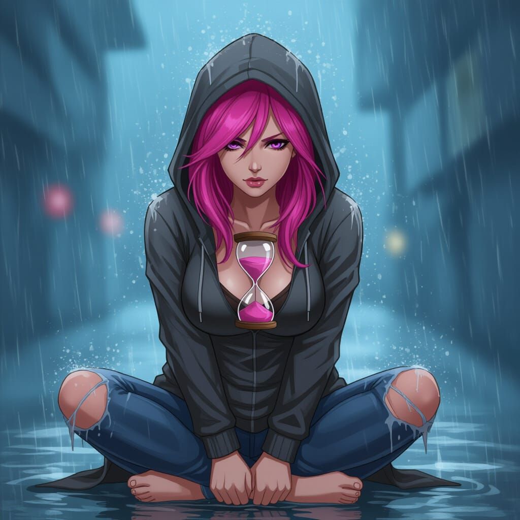 Pink-Haired Woman in Rain: Distressed Art
